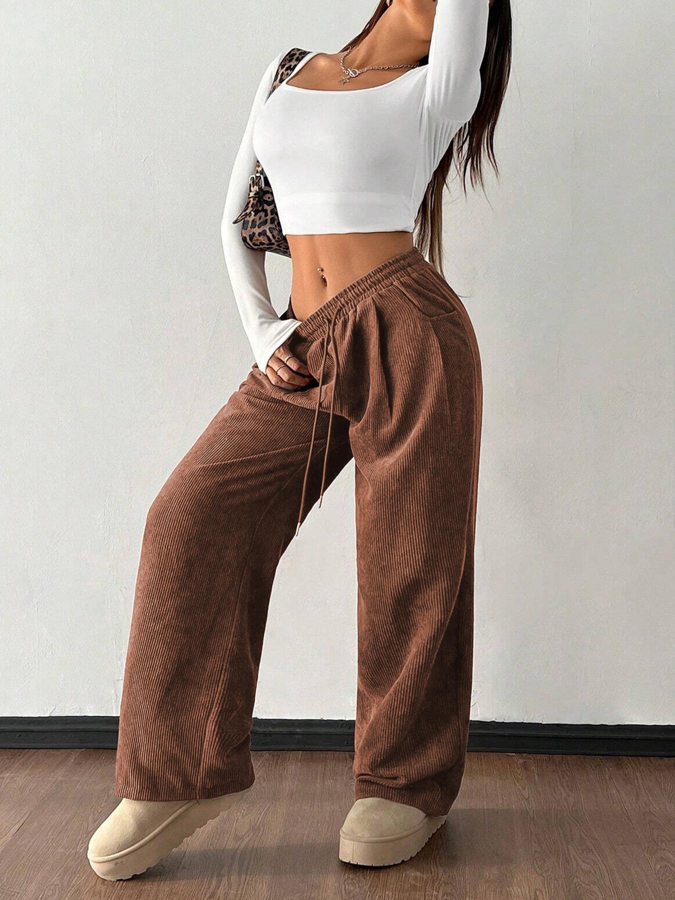 Women's Vintage Loose-Fitting Solid Corduroy Drawstring Pants, Casual All-Season Straight Leg Trousers for Autumn & Winter Valentine's Day
