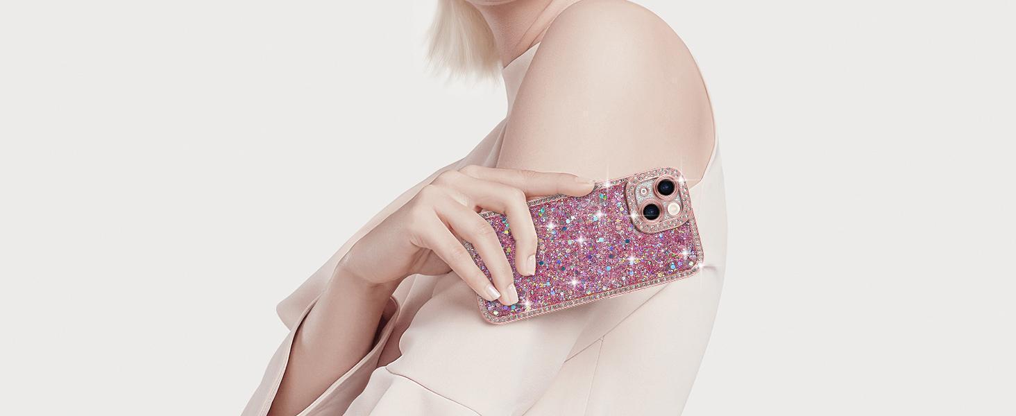 Lafunda for iPhone 13 Case Glitter, Luxury Shiny Bling Sparkly Phone Cover with Crystal Diamonds Rhinestone for Women Girls Soft TPU Slim Shockproof Protective Phone Case for iPhone 13 6.1", Pink