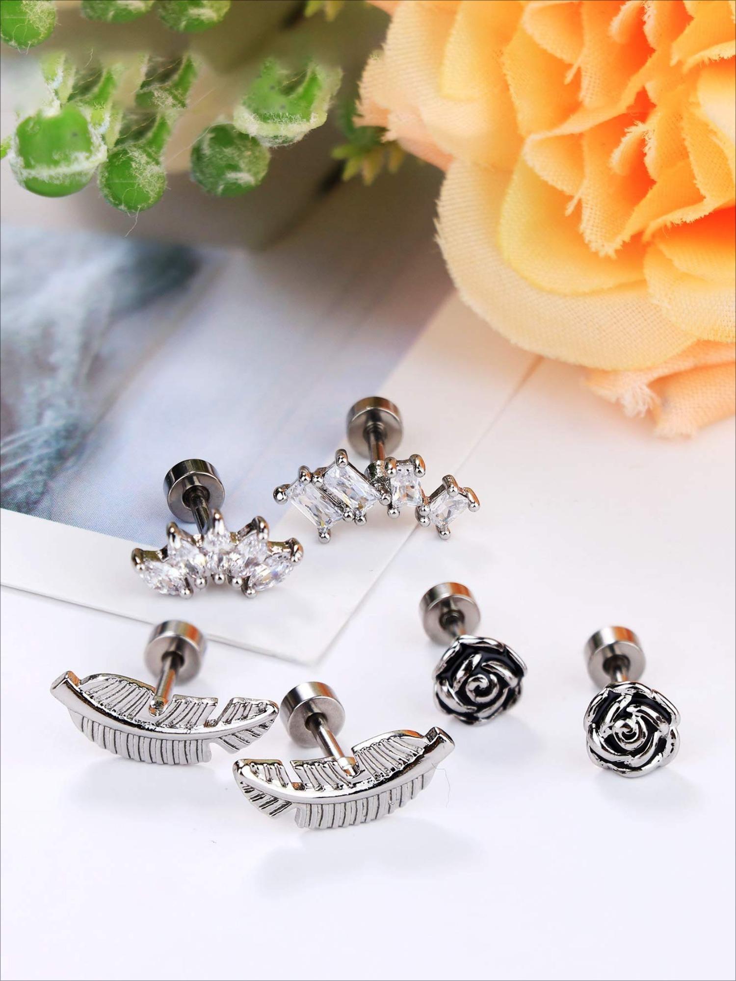 23 Pcs Silvery Multi-Piercing Earring Set for Women Men Stackable Styles in Hypoallergenic Stainless Steel Sparkling CZ Studs Lovely Tiny Feather Butterfly Heart Pendants Minimalist Mini Hoops for Diversified Layered Ear Styling