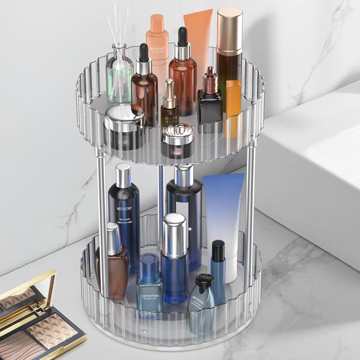 Luxury Transparent 360° Rotating Makeup Organizer Rack, Multi-Functional Dressing Table Skincare Storage Box, Elegant Cosmetic Holder