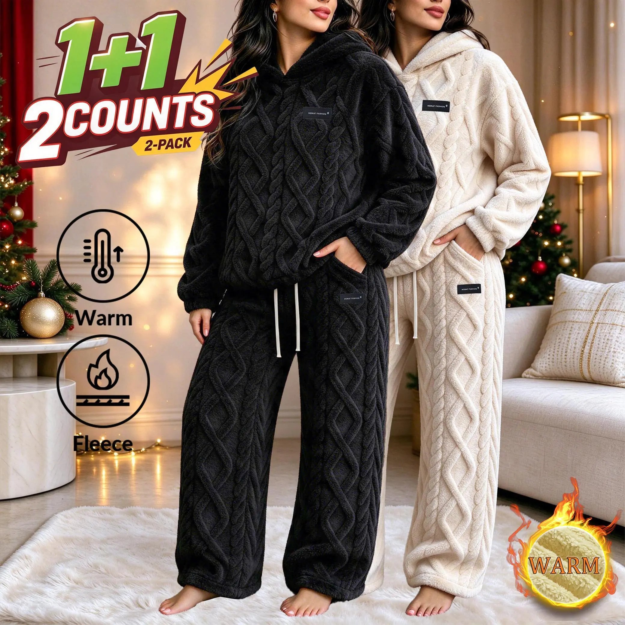 Women's Jacquard Plush Hooded Sportswear Set - 2-Pack Hoodie & 2-Pack Straight-Leg Pants, Elastic Drawstring Waist, Loose Fit, Side Pockets, Fall Winter Home Wear, Christmas Thanksgiving Gift
