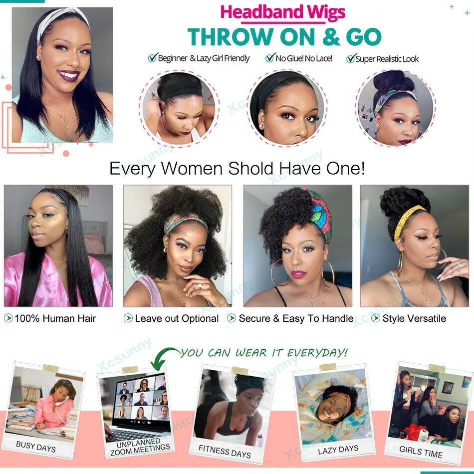 Bling Hair Straight Human Hair Natural Color Headband Human Hair Wigs Glueless Straight/Body Wave  Human Hair Wigs For Women