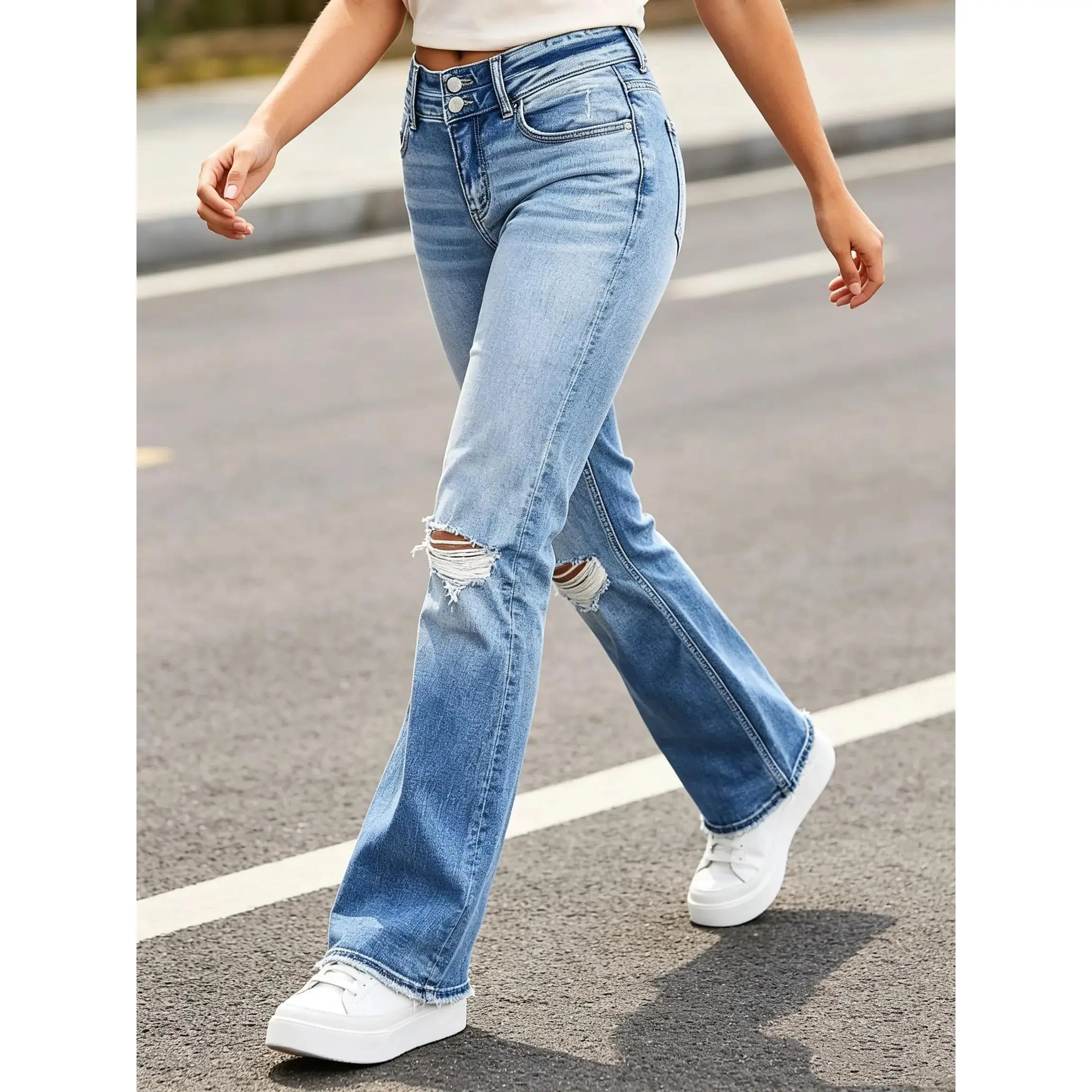 Womenswear Women's High-Waist Double-Button Ripped Stretch Denim Pants, Light Blue Washed, Distressed, Knee-Hole Bootcut Bell Bottom Jeans