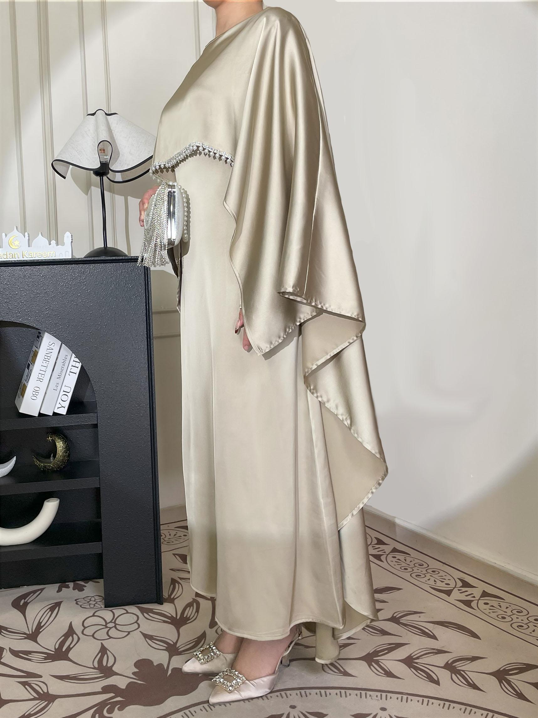 CL43 Satin cape elegant Muslim dress, Modest Party Open Butterfly Pearl rhinestone Abayas, For Evening Party/Wedding Guest/Anniversary,Unique design, luxurious texture,Fashionweek