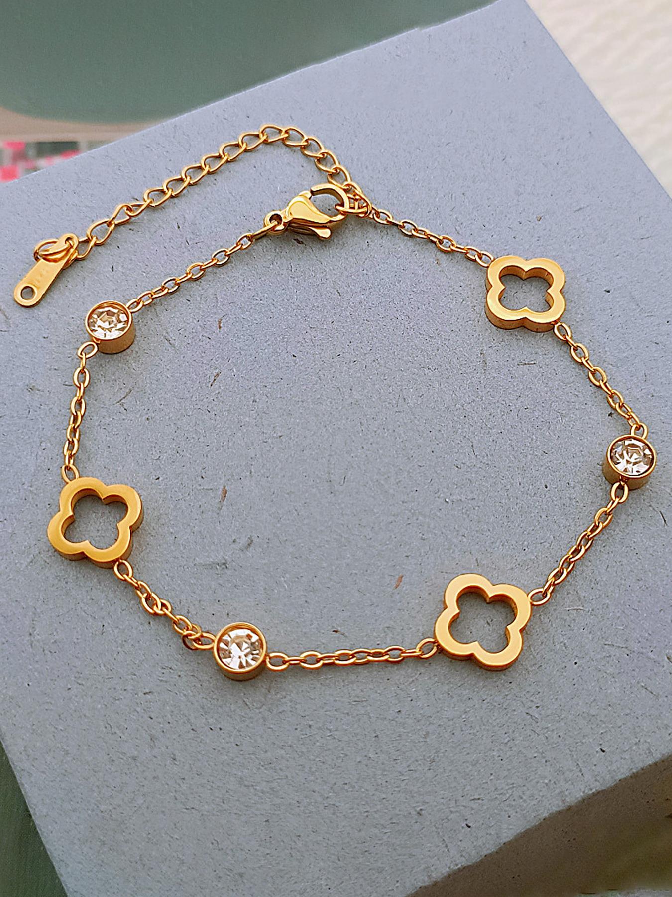 Fashion Hollow Out Lucky Clover Stainless Steel Zircon Bracelet, Simple Daily Versatile Women's Hand Chain, Elegant Ladies' Accessory, Elegant Jewelry Bracelet