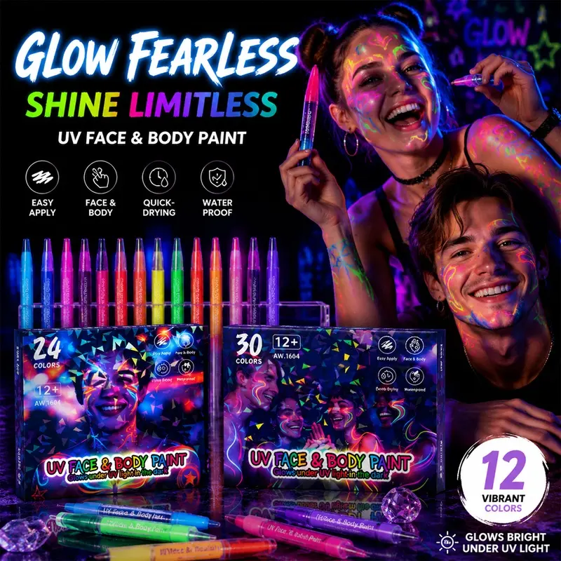 6/10/16/20/28 Colors UV Blacklight Neon Markers, Vibrant Fluorescent Body Paint Pens for Temporary Tattoos, Quick-Dry Smooth Ink UV Reactive Body Art Markers, Glow Brightly Under Black Light, Ideal for Blacklight Parties, Raves, Cosplay, Carnivals and Mus