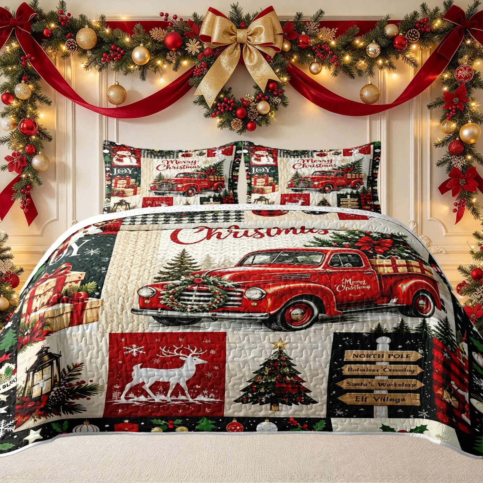 3Pcs Vintage Red Truck Christmas Patchwork Quilt Set, Printed Bedding Set Includes 1 Quilt and 2 Pillowcases Red Plaid Snowman Elk Collage Print Holiday Style Reversible Lightweight Bedding No Inner Filling All Season Christmas Gift