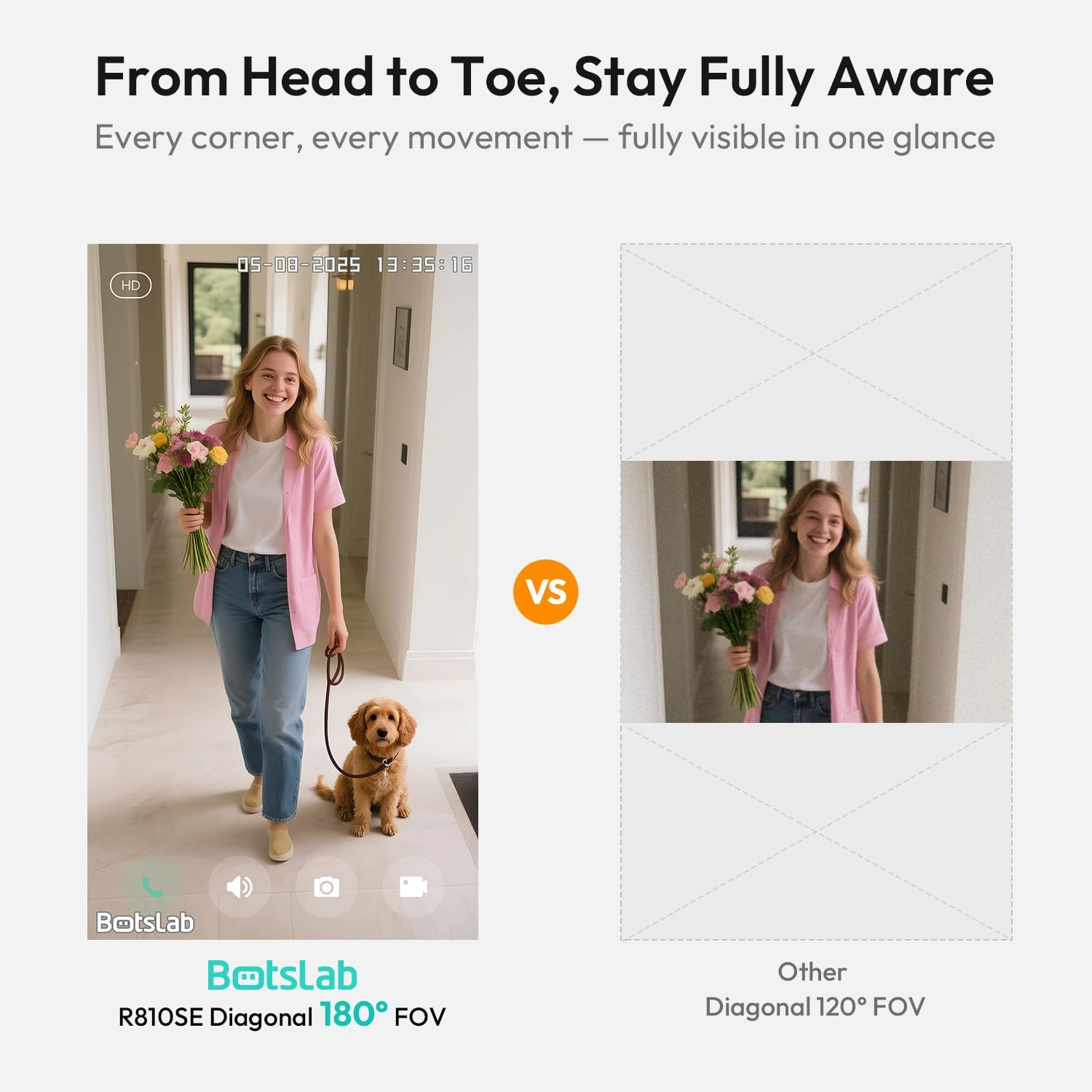 Botslab 5/3MP Doorbell Camera Wireless, 360° Panoramic View, No Monthly Fee, 1:1 Head to Toe, 5MP Video Doorbell Battery, 2.4GHz Home, doorbell camera