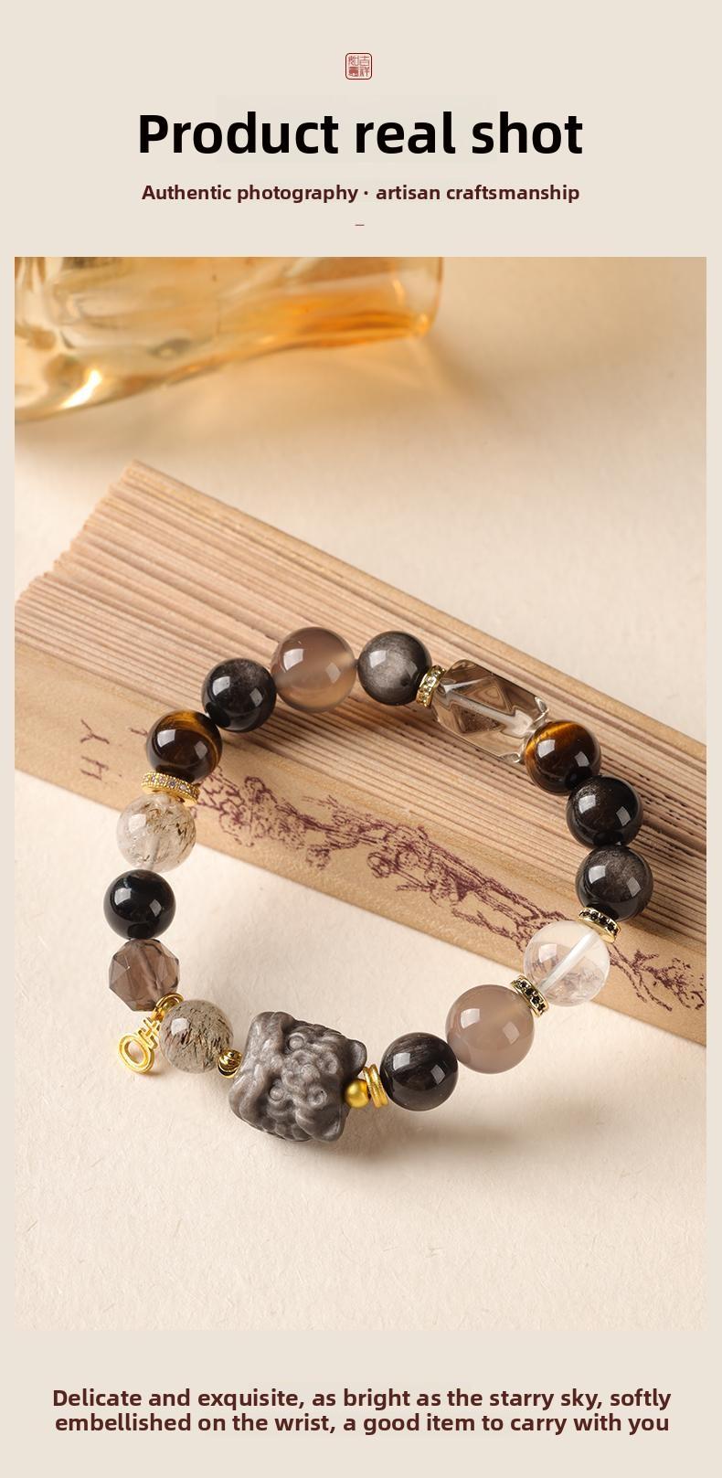 [Wealth Abundance] crystal bracelet, silver obsidian grey agate smoky quartz super seven tiger eye white crystal, unisex, daily wear gift, 10mm beads, natural stone lion ornament gold accents, wealth blessing abundance symbol