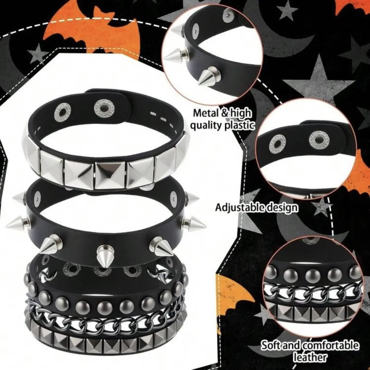 3Pcs Gothic Rivet Spike Studded Bracelet Set Multi-layer Punk Rock PU Leather Cuff Wristband Retro Bracelets for Men Women Stackable Adjustable Emo Cuff Bracelets Halloween Accessories Cuff Bangle Jewelry
