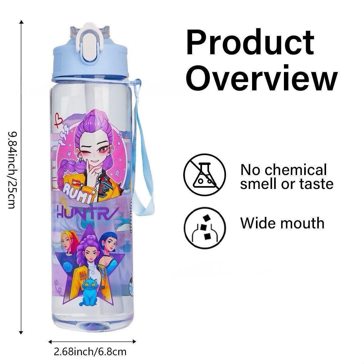 K-Pop Cartoon Straw Cup, Large Capacity Travel Portable High Aesthetic Cute Plastic Water Bottle, Fun Design for Kids
