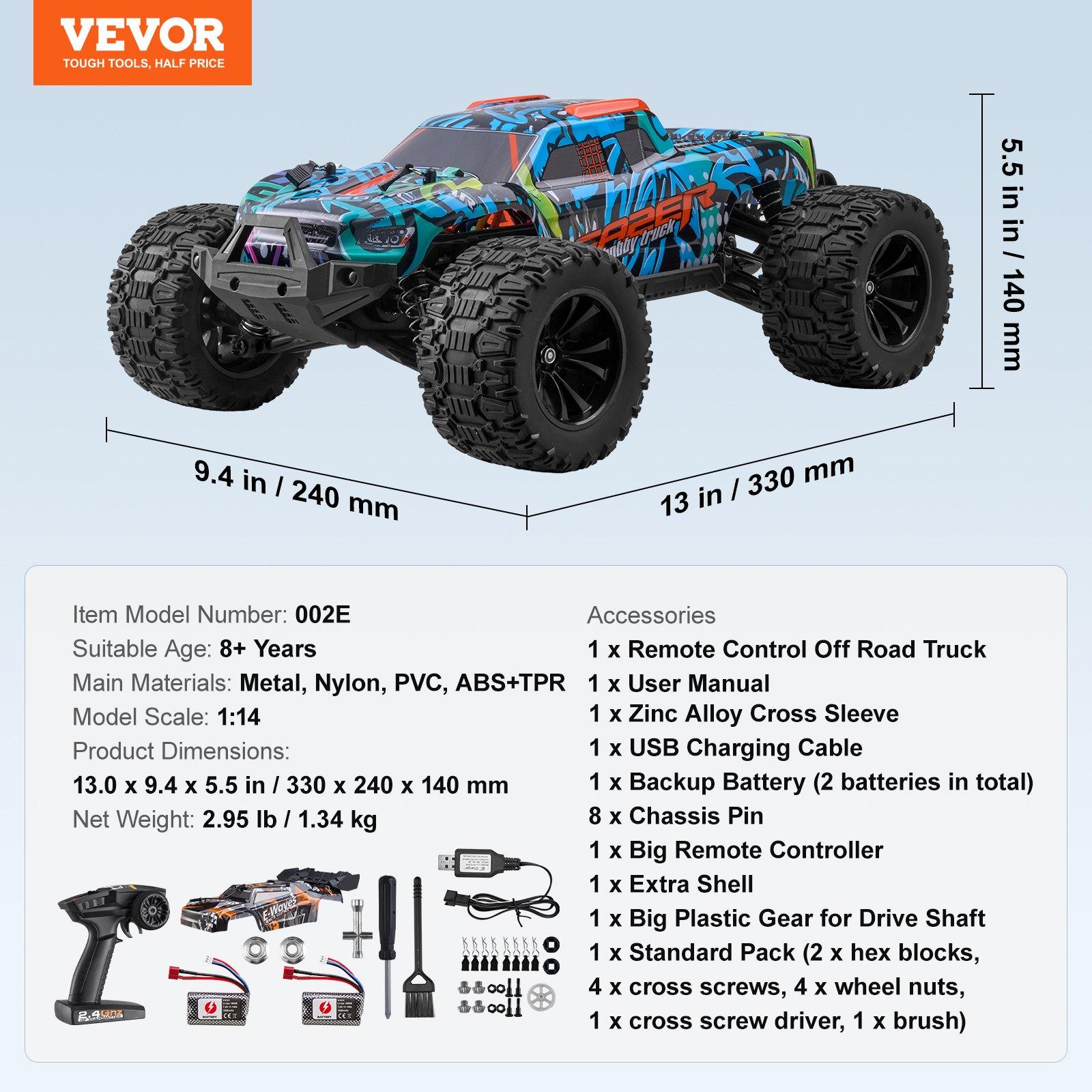 VEVOR Remote Control Car, 1: 14 Scale RC Car for Kids, All Terrain 4WD Off-Road Truck with 1 Extra Car Shell, 45 Wheelie Adjustable Speed, 42 km/h Hobby RC Car Toy, for 8+ Year Boys Girls