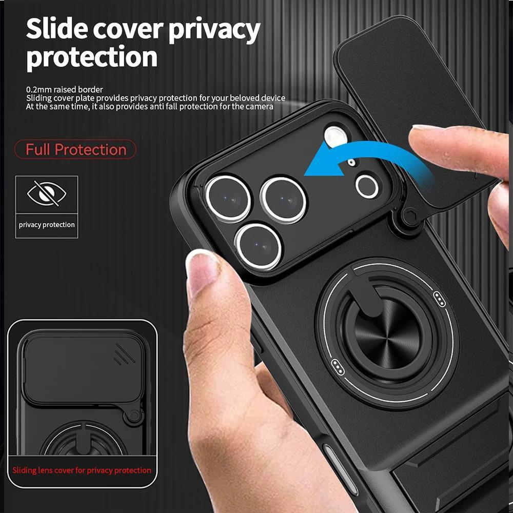 Phone Case: 3pcs Set[1 Phone Case+2 Screen Protectors] Luxury Multi-Functional Creative Push Window Rotating Ring Stand Phone Case Compatible with iPhone 17 16 15 14 13 12 11 Pro Max Plus Durable Fashion Magnetic Wireless Charging Shockproof Lens