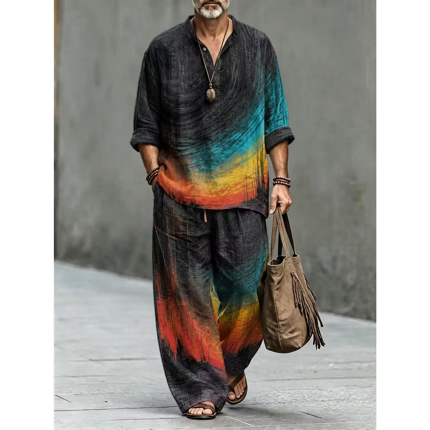 Men's Gradient Oil Painting Tie-Dye Two-Piece Outfit, Stand Collar Half-Placket Long-Sleeve Shirt and Wide-Leg Pants Set, Bohemian Coordinated Vacation Outfit Clothes Menswear