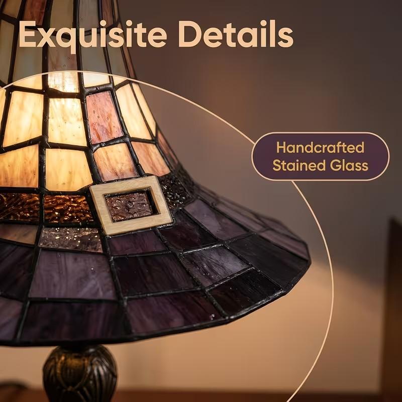 Handmade Colored Glass Witch Hat Lamp Ornament - Usb-Powered Gothic Witch Hat Lamp, Vintage Resin Decorative Light with Purple Amber Mosaic, Suitable for Halloween And Year Round Bedroom, Bookshelf, And Home Decoration