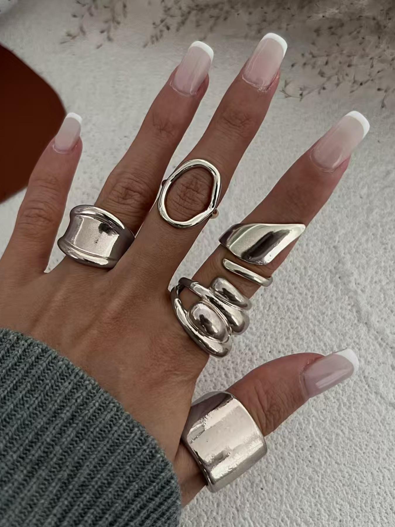 Unique Geometric Joint Ring Set for Women, Hip-Hop Style, Five-Piece Jewelry Kit, Smooth Finish, All-Season Accessory