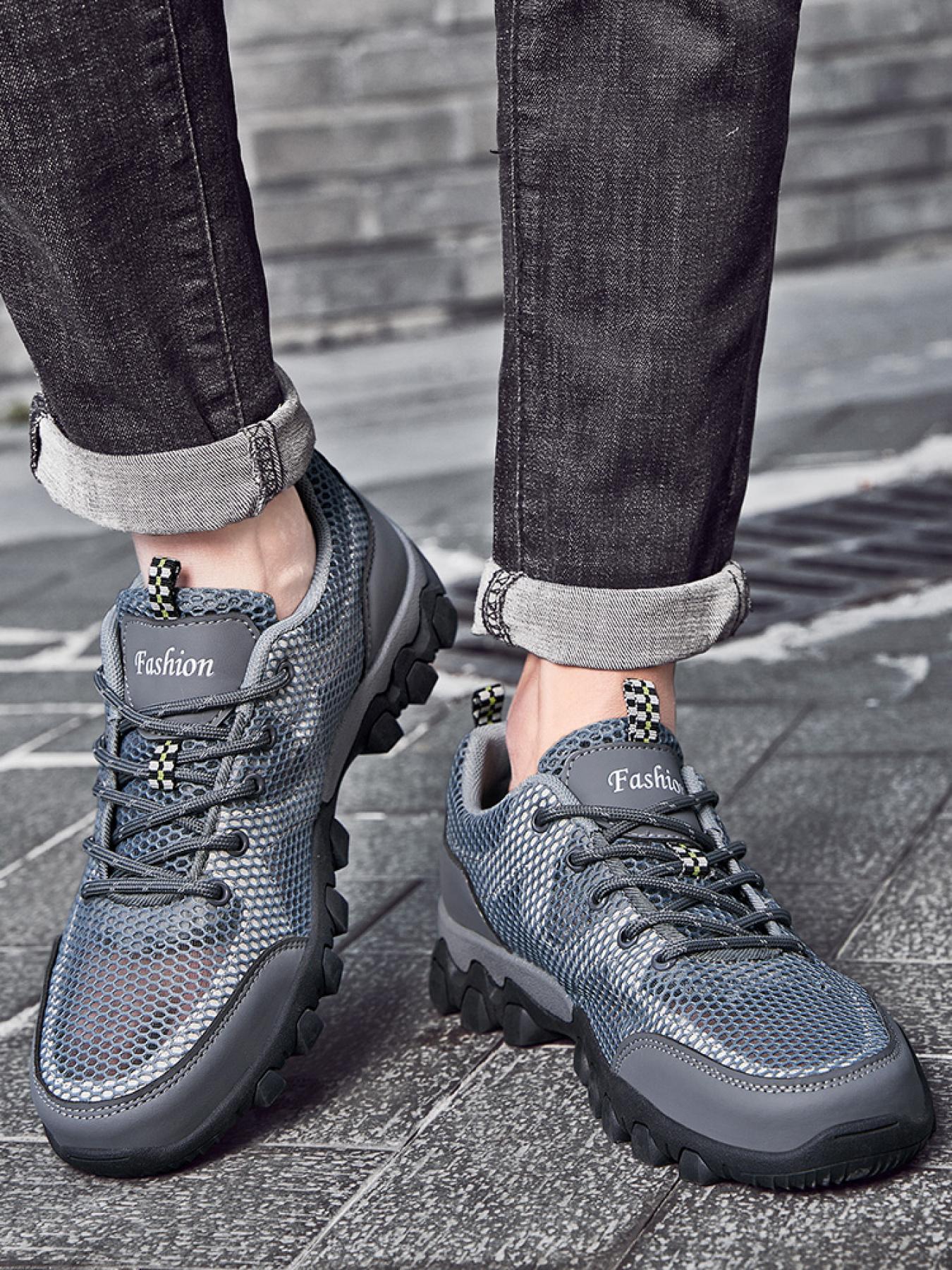 Men's Solid Color Mesh Breathable Outdoor Hiking Shoes Lace-up Closed-toe Trekking Shoes Non-slip Wear-resistant Casual Sneakers