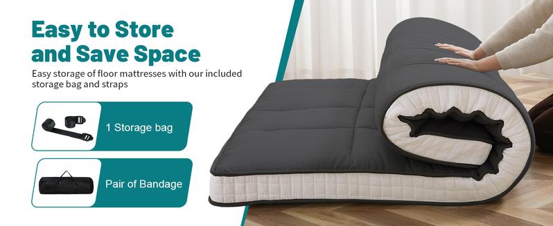 Lilypelle Japanese Floor Mattress Futon Mattress, Thicken Roll up Sleeping Mattress Tatami Mat Floor Bed, Foldable & Portable Camping Mattress with Storage Bag, Twin Full Queen
