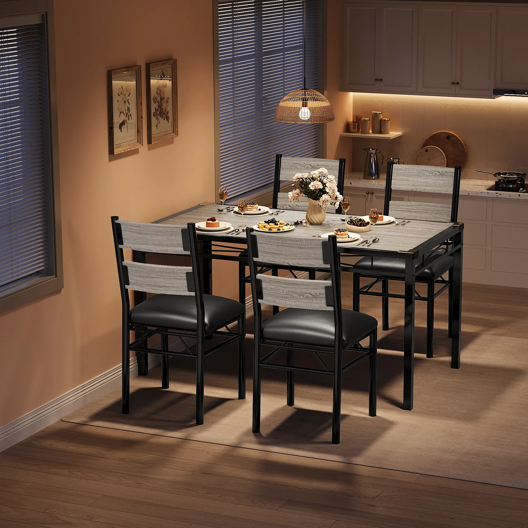 Compact Vintage Gray-Black Dining Table-Chair Combo Set, Upholstered Chairs, Optional Corner Protectors, 2/4-Seat Multi-Piece Apartment Furniture, Home Dining Small Space Dining Room Furniture
