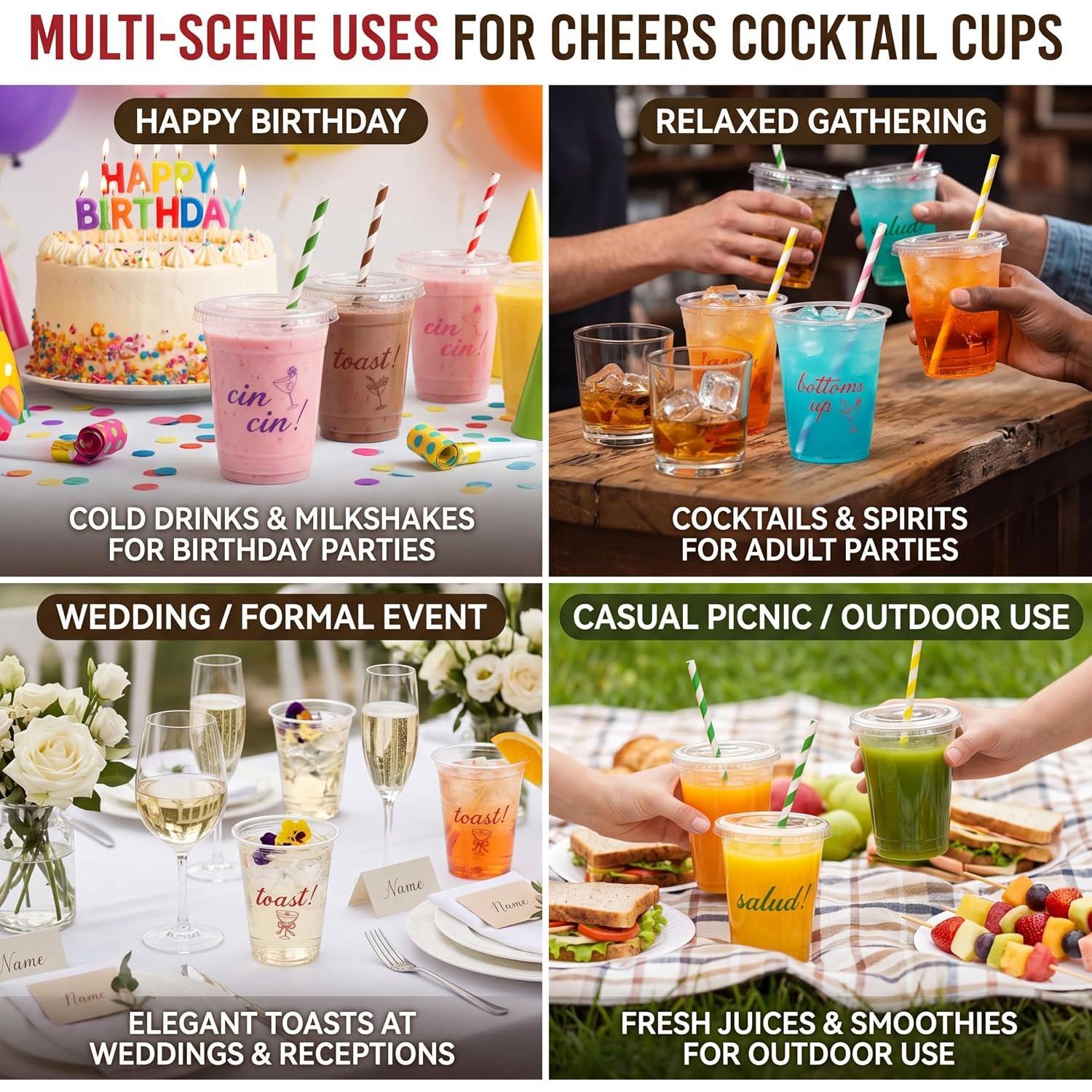 100 Pack 12oz Clear Disposable Plastic Cheers  Cups with  & Paper Straws, Happy Birthday Wedding Party Cups for  Smoothie Milkshake Cold Juice Beverage