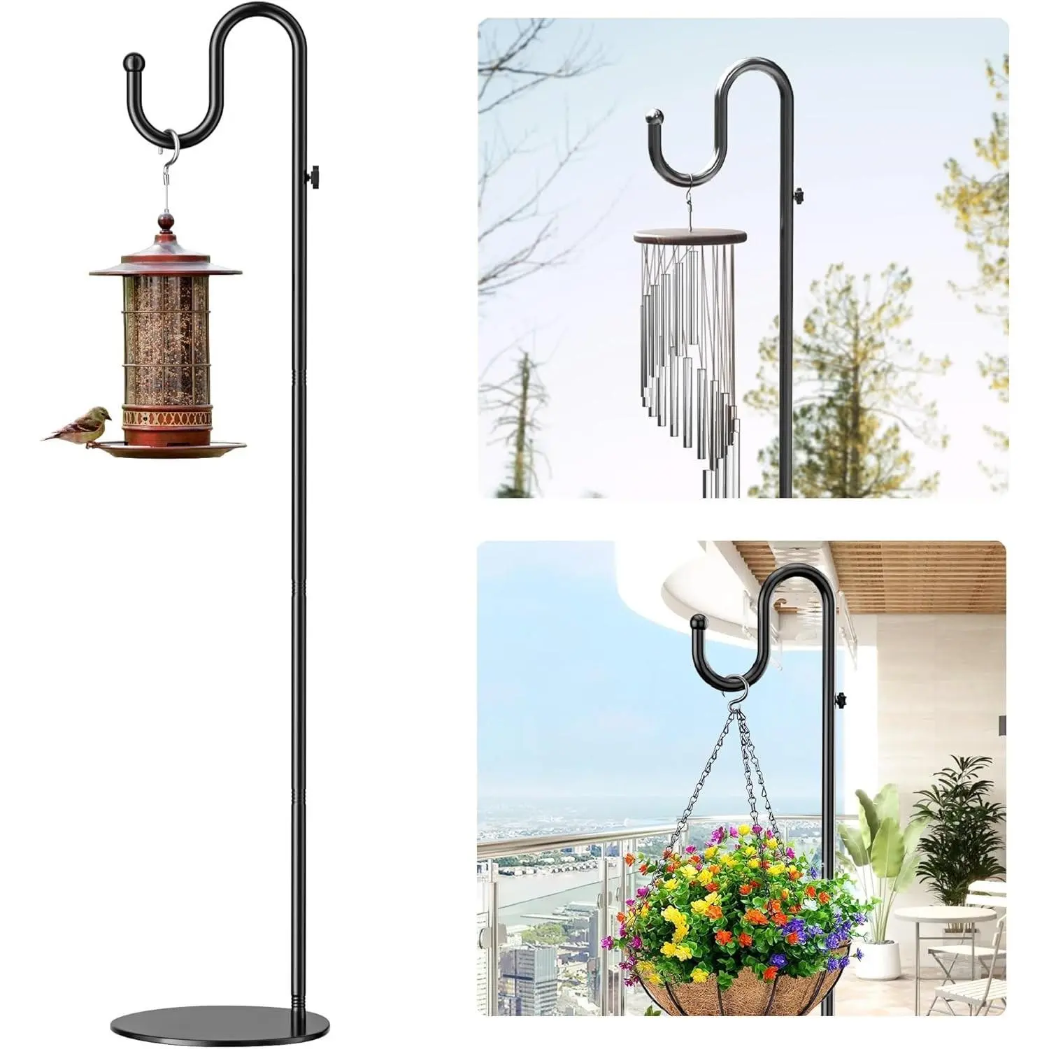 74" Shepherds Hook Stand for Plant: Hanging Bird Feeders, Plants, Lanterns, Wreath and Wind Chimes, Adjustable Free Standing Pole Holder with Heavy Duty Base for Indoor & Outdoor, Holds Up to 20 LBS