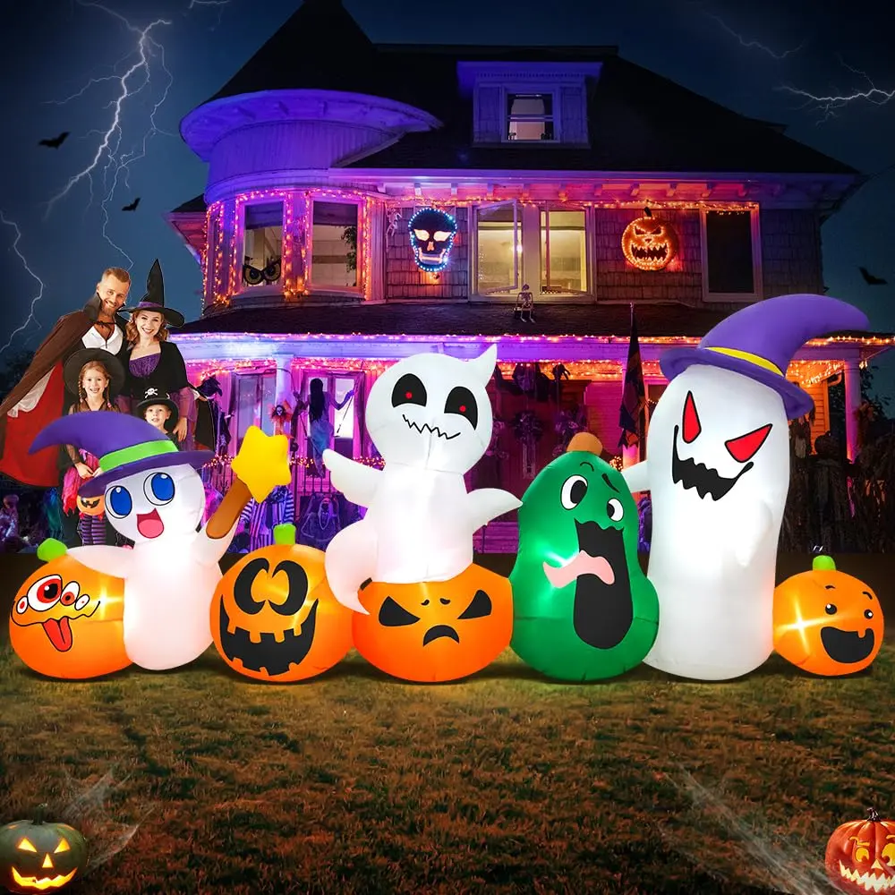 8 FT Halloween Inflatables Blow up Outdoor Decoration, Inflatable Ghost with Pumpkin Led Light Inflatables Outdoor Decor Blow up Inflatables for Holiday Party Lawn Yard Garden Décor
