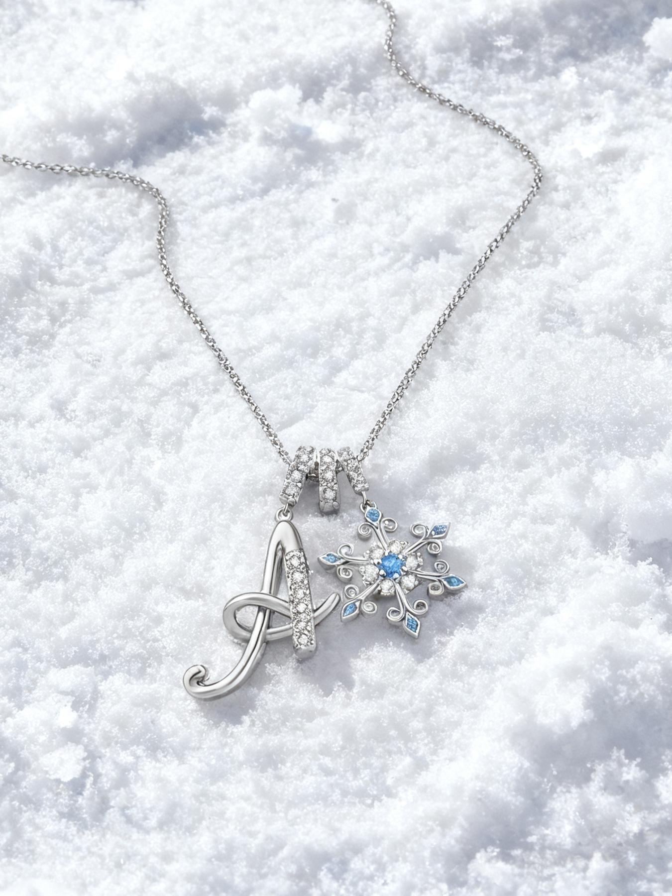 Snowflake Initial Necklace with Blue Rose Jewelry Box, Included Jewelry Box, Letter Pendant for Women, Birthday Christmas Gift for Wife Mom Girlfriend Daughter