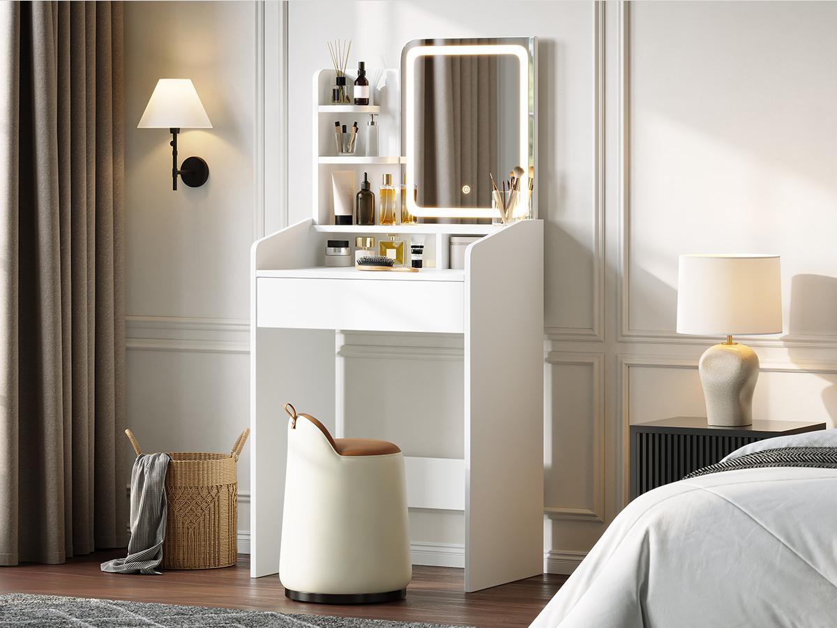 Dowinx Small Vanity Desk with Mirror and Lights, Makeup Vanity with Drawer & Storage Shelves, Makeup Desk with 3 Lighting Modes & Adjustable Brightness, Dressing Table for Women Girls Bedroom