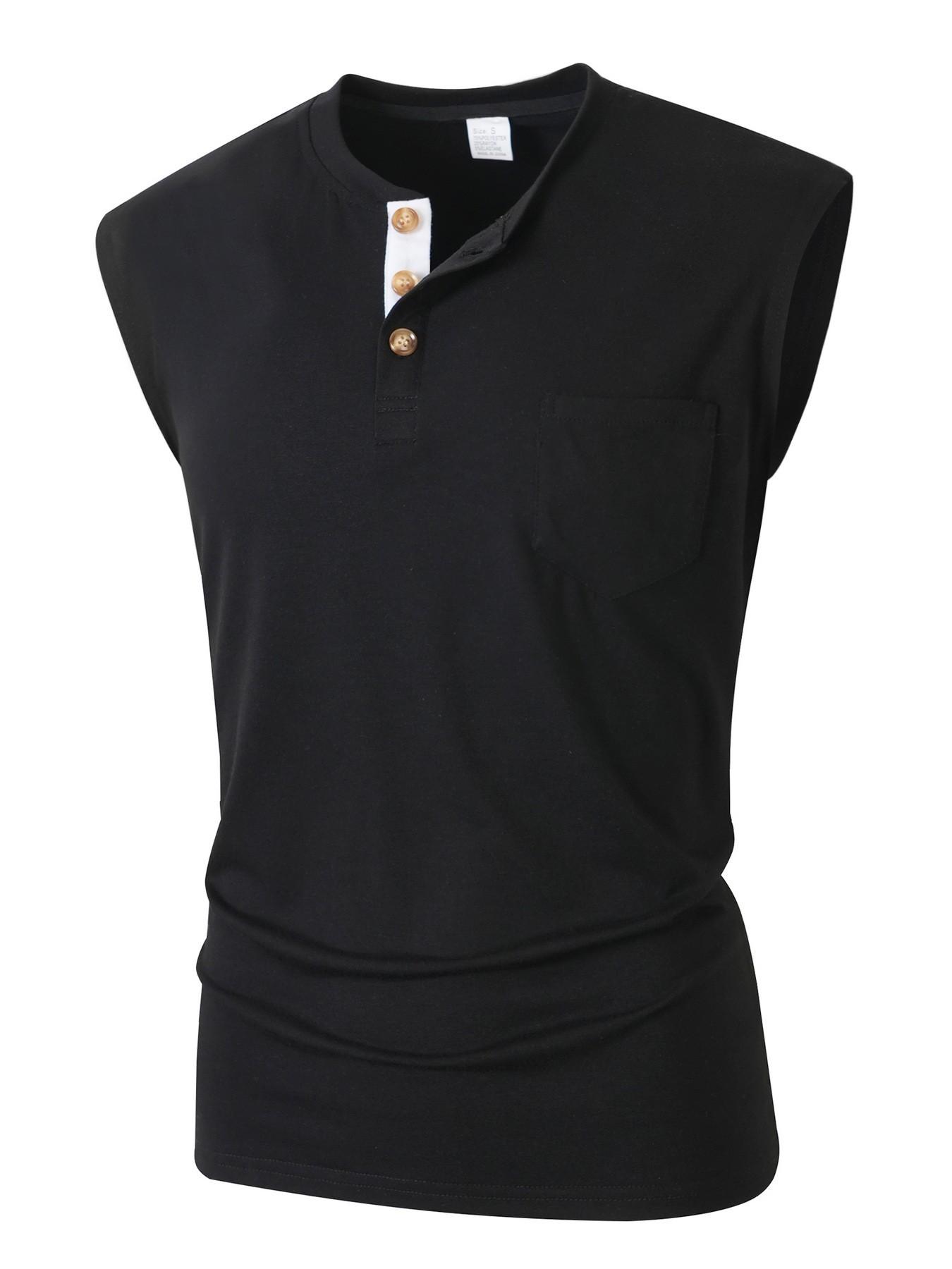 Men's Sleeveless Henley Knit Tank Top, Pocketed Casual Button Decor Muscle Shirt, Summer Beach Sports Vest, Comfortable and Stylish