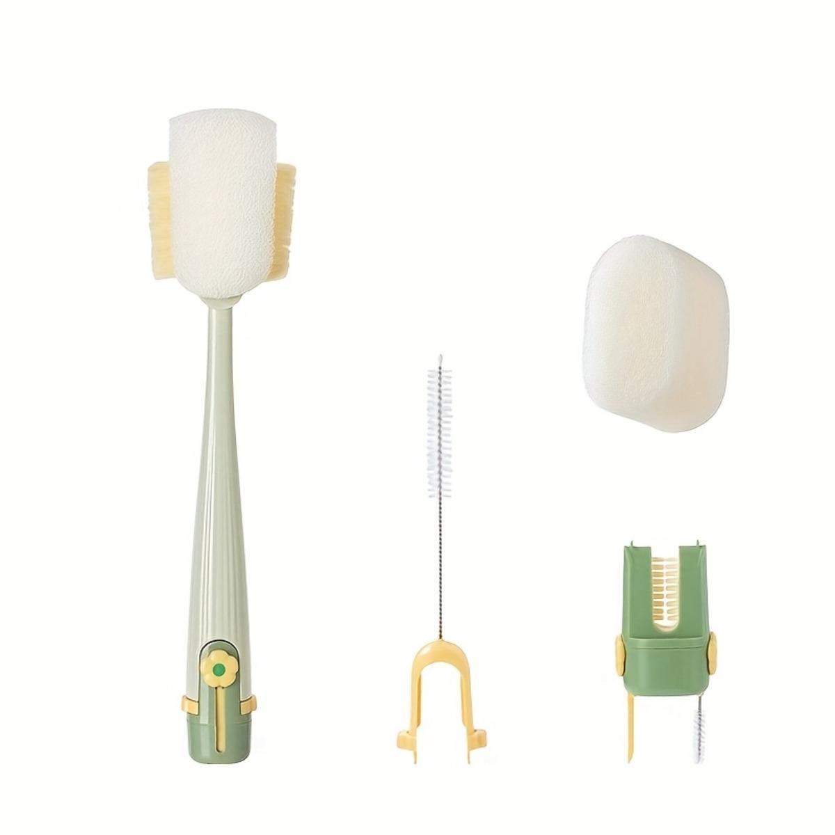 Long-handled Cup Brush Set - Multi-functional Cleaning Tool, Safe Sponge and Stiff Bristle Heads for Bottles/Lids, Detachable Deep Cleaning Dish Scrubber