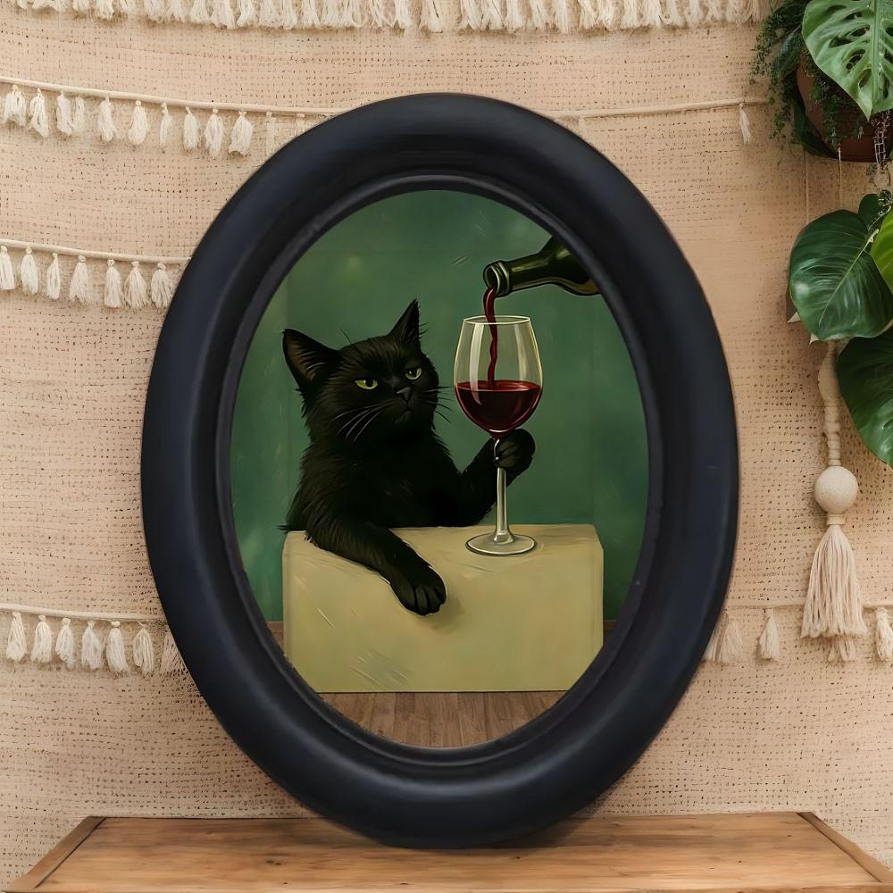 Whimsical Framed Cat Wall Decor with Wine, Unique Mini Wooden Hanging Art, Perfect Gift for Cat Lovers & Kitchen Decor