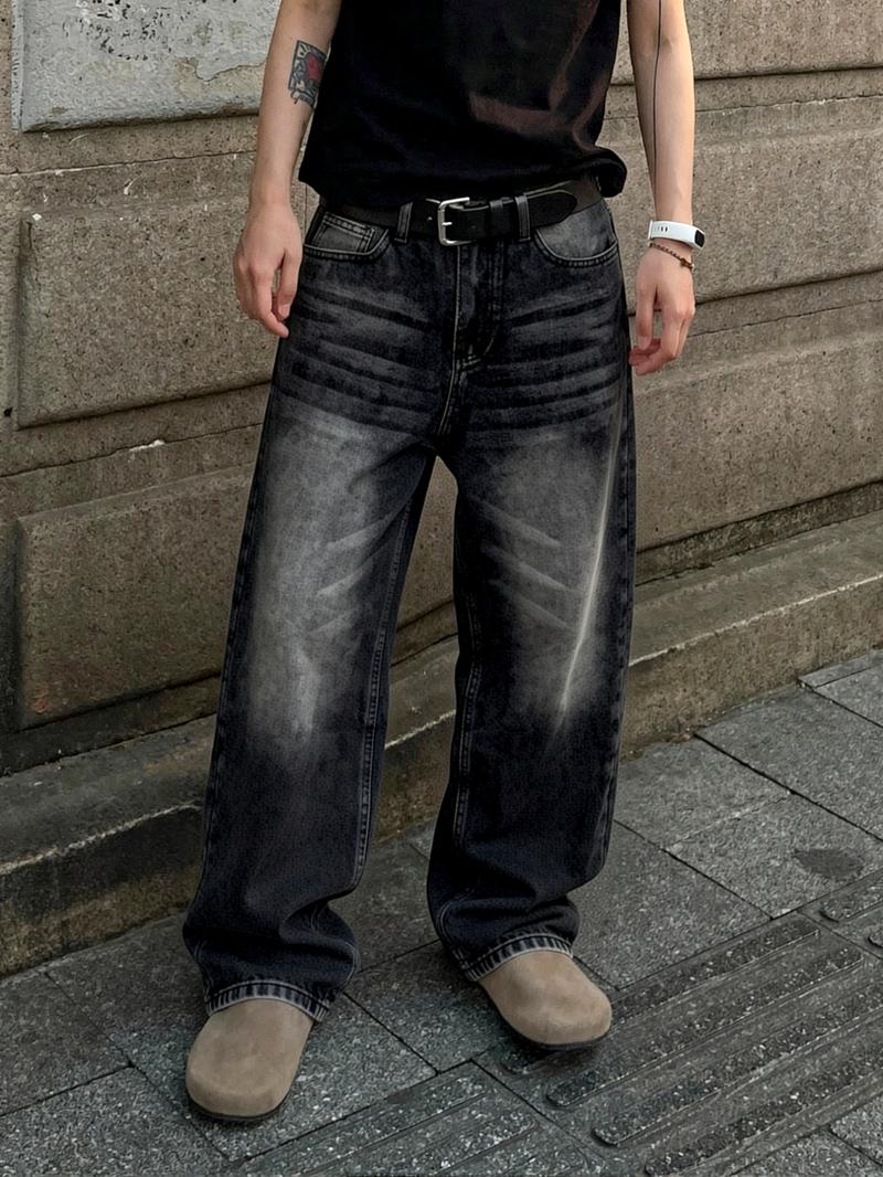 Men's Y2K Hip-Hop Style Black and Gray Gradient Stone Washed Jeans | Loose Baggy Street Style Jeans Retro Distressed Urban Street Casual Daily Wear