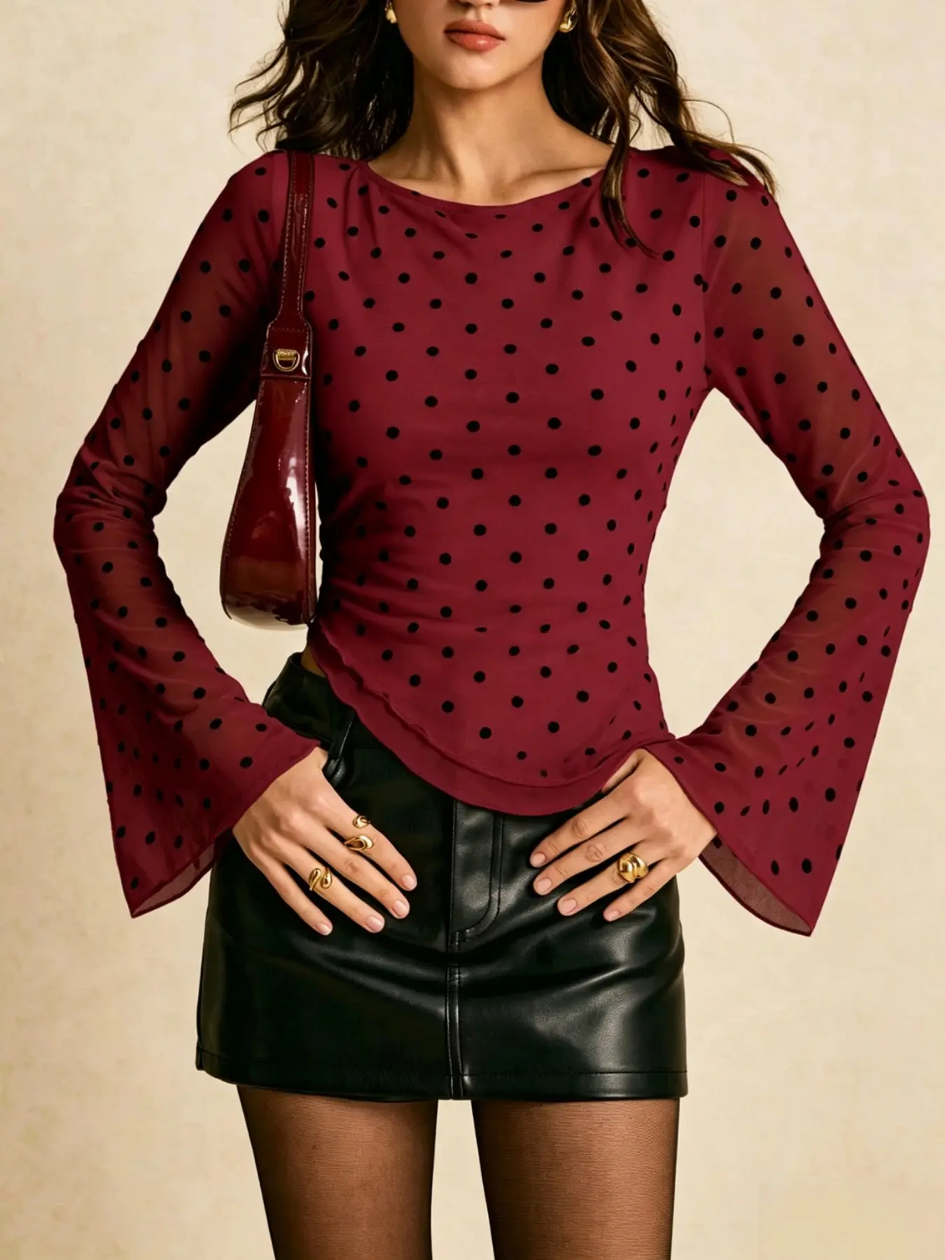 Elegant Women's Polka Dot Bell Sleeve Asymmetrical Hem T-Shirt, Long Sleeve Fitted Top, Office Style, Clock Shape Sleeves, Polka Dot Blouse, All Seasons Blouse, Womenswear