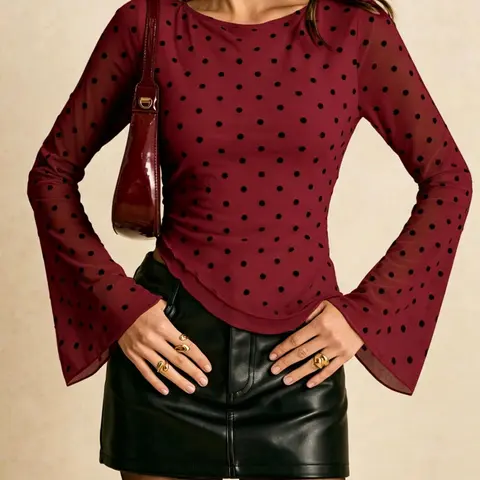 Women's Polka Dot Pattern Long Sleeve Blouse, Fitted Bell Sleeve Asymmetrical Hem Top for Office Wear, Business Casual Blouse, Womenswear