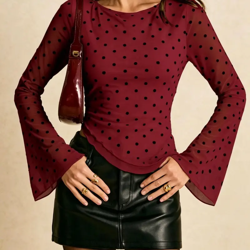 Women's Polka Dot Pattern Long Sleeve Blouse, Fitted Bell Sleeve Asymmetrical Hem Top for Office Wear, Business Casual Blouse, Womenswear
