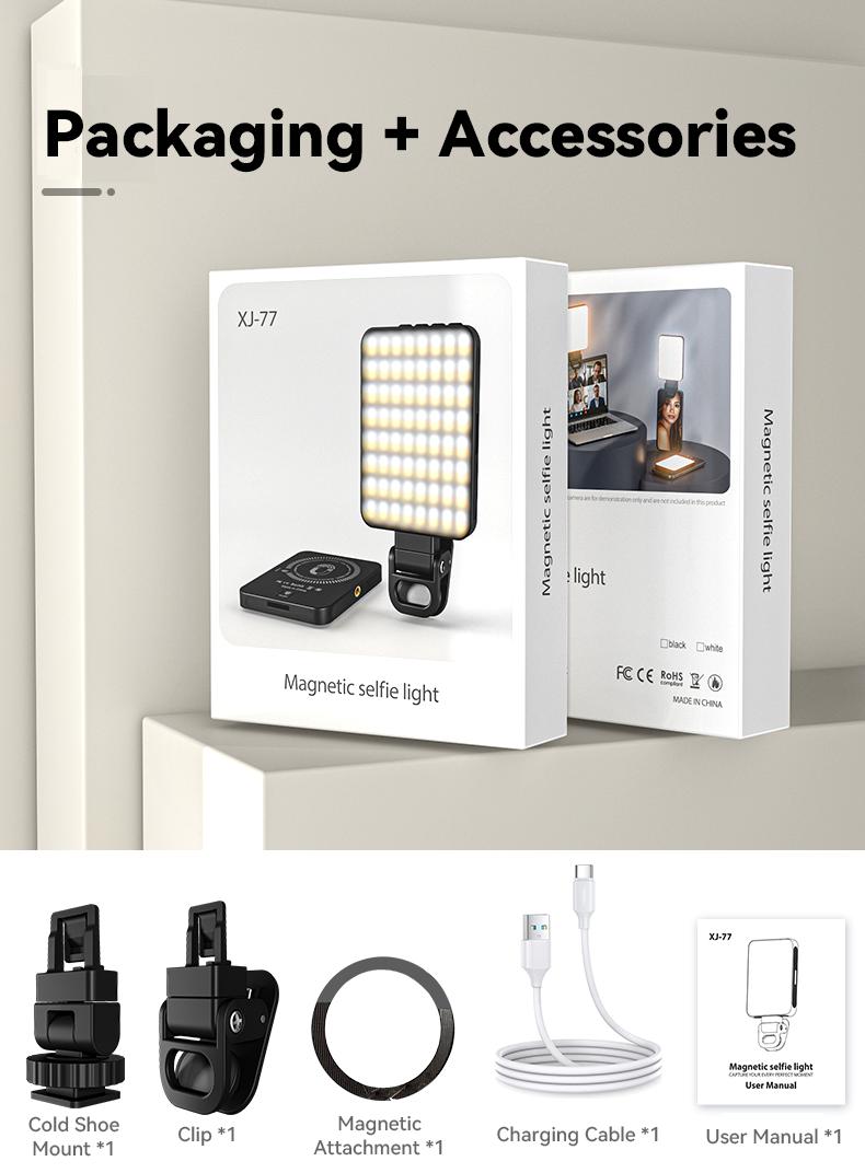 EMEET XJ77 Magnetic Video Light, 3 Color Modes and 10 Brightness Levels, 2000mAh Portable Camera Light 4W Output Power, LED Video Light Panel, 3000-6500K 128 LED Beads for TikTok, Content Creator, Photographer portable light