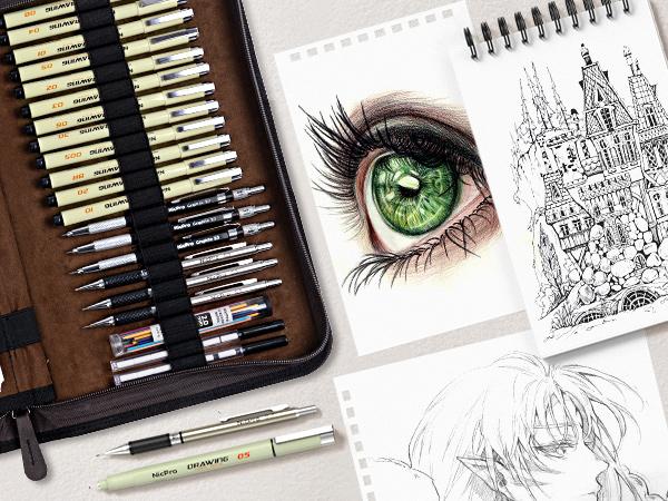 Nicpro 58 PCS Art Drawing Supplies Kit in Leather Case, Art Mechanical Pencil Set with Metal Drafting Pencil 0.5 & 0.7 & 0.9 & 2mm, 12 Micron Pen, Sketch Book, 30 Tube Lead Refills for Sketching