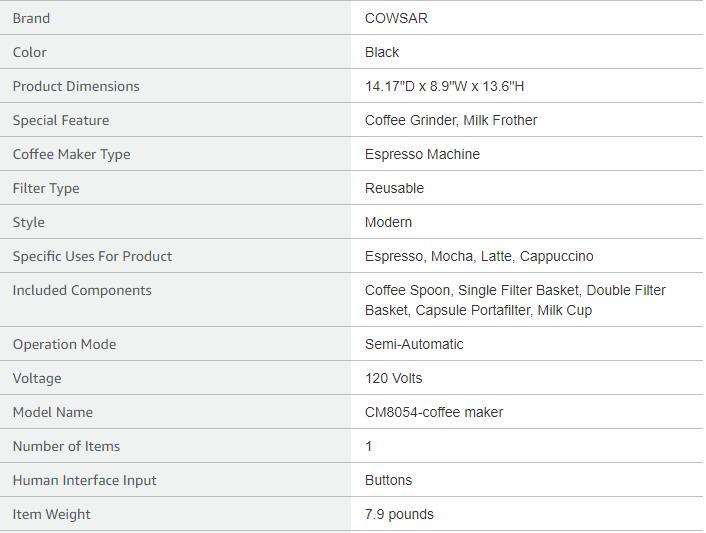 COWSAR Espresso Machine 20 Bar, Semi-Automatic Coffee Maker with Milk Frother Steam Wand, Nespresso Capsule Compatible, 45 oz Removable Water Tank for Cappuccino, Latte, Home,1350W