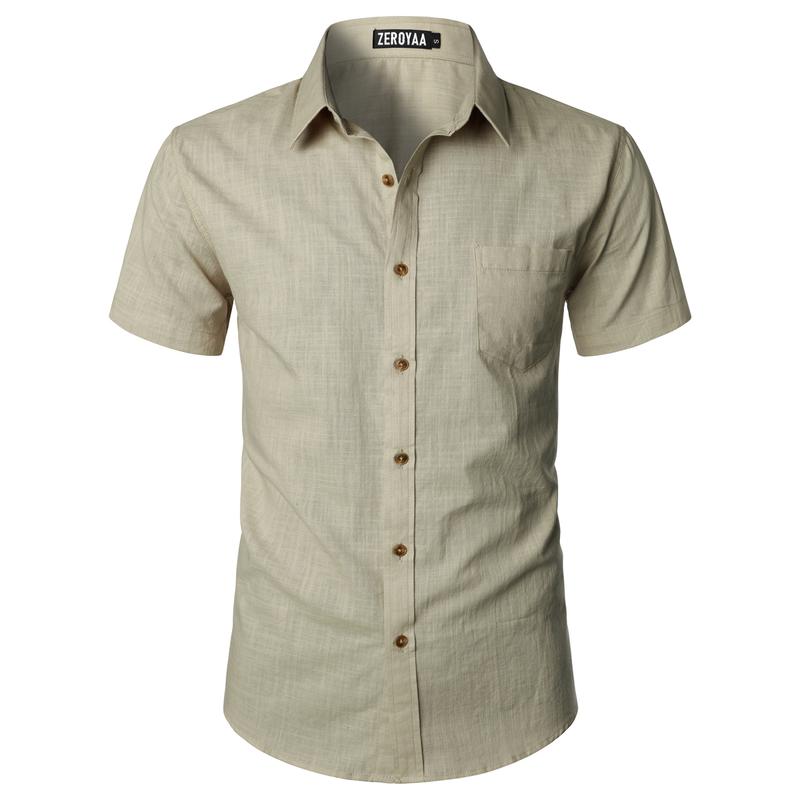 ZEROYAA Men's Fitted Cotton Linen Casual Short Sleeve Button Up Shirts Lightweight Beach Tops with Pocket