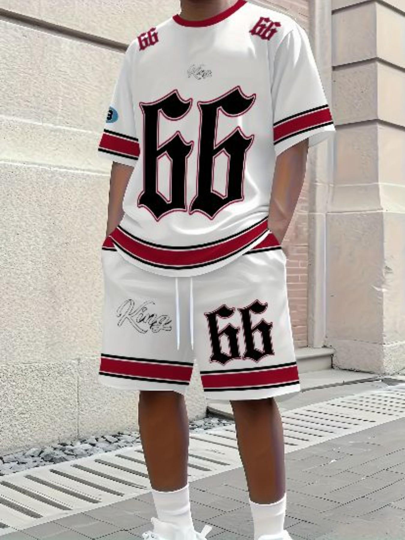 Summer Adult Men's T-Shirt and Shorts Set, Striped Patchwork 66 Number Sports Digital Print, Casual Daily Wear, 2-Piece