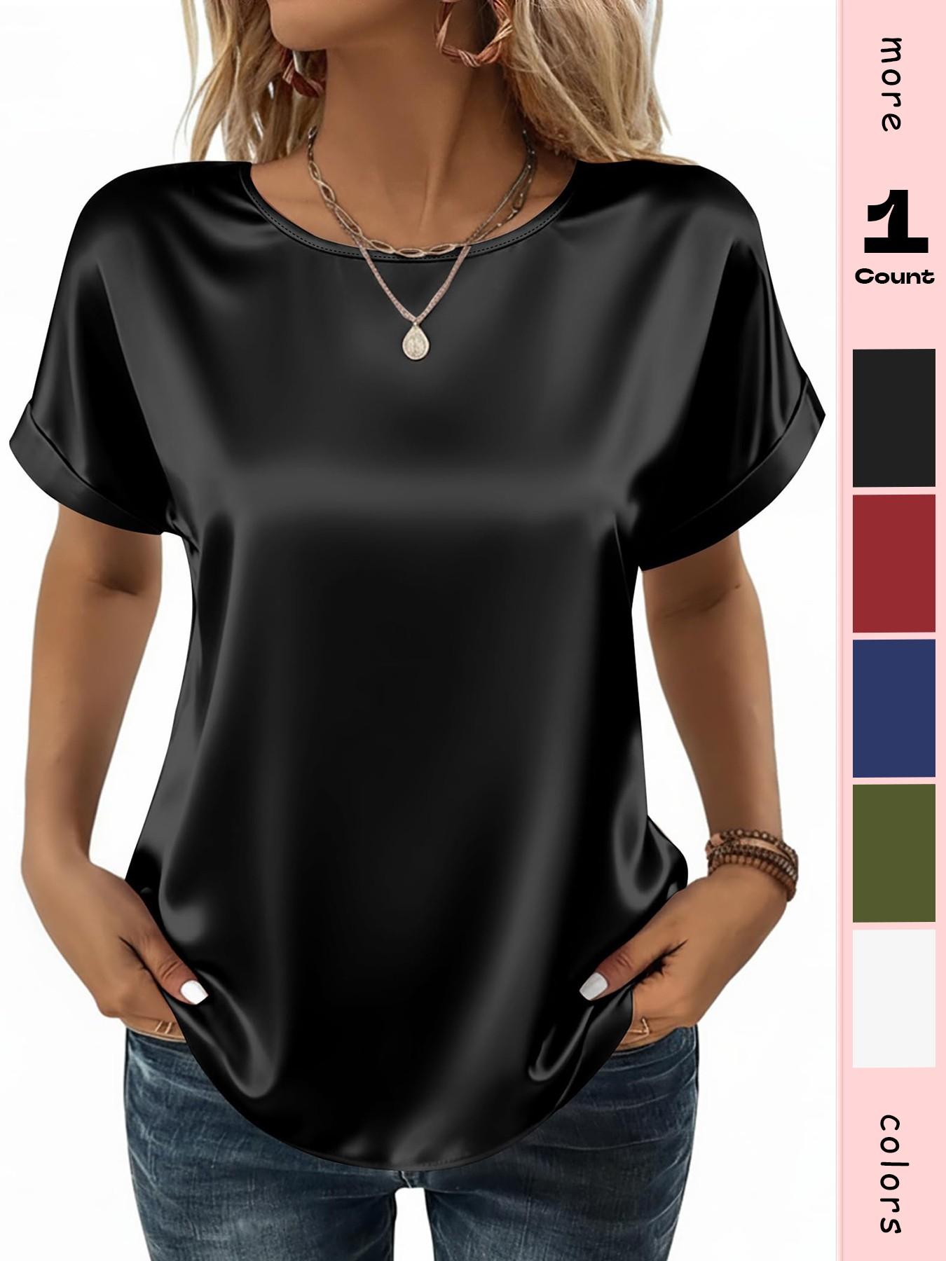 Women's Satin Shirt, Business Casual Short Sleeve Top, Round Neck T-Shirt, Silk Blouse, Summer Clothing, Fashionable and Comfortable