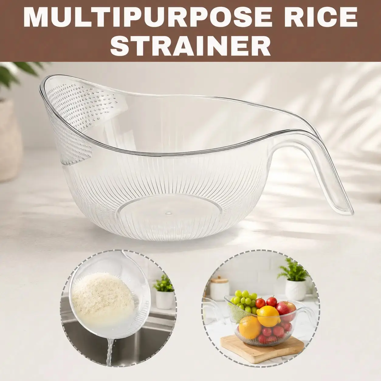 🍚 Clear Rice Strainer Basket with Handle ｜ Multi-Use Kitchen Colander Sieve for Fruit, Vegetables & Grain (9.61 in)