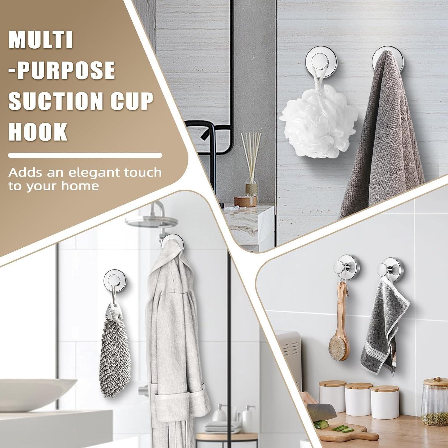 6 Pcs Heavy-Duty Vacuum Suction Cup Hooks, Stainless Steel, Waterproof & Rust-Proof, Bathroom Organizer, Easy Installation