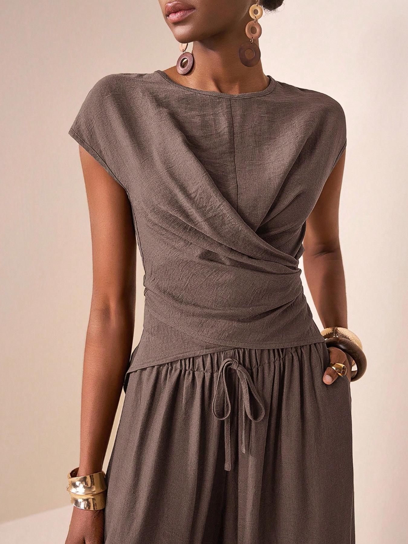 2pcs/Set Women's Casual Pleated Top and Wide Leg Pants Set,Summer Elegant Vacation Holiday Women's Two Pieces, Small Round Neck Overlapping Hem Versatile Casual Cruise Beach Seaside Wear,Comfortable Loose Fit, Perfect for Daily Wear