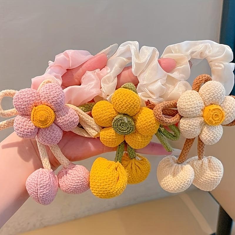 6 Pcs Knitted Flower Hair Scrunchies for Girls Bow Tassel Ponytail Holders Cute Hair Accessories for Kids Double Buns Hairstyle