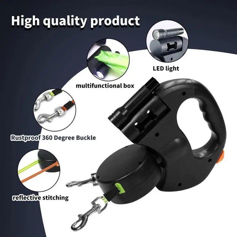 Retractable Dual Dog Leash for 2 Small-Medium Dogs, 10ft Tangle-Free Lead with 360° Swivel & Anti-Slip Handle, Includes Stainless Steel Bowl, Tangle Free Leash, 10Ft Retractable Lead, Harnesses, 360° Swivel Head, Leashes