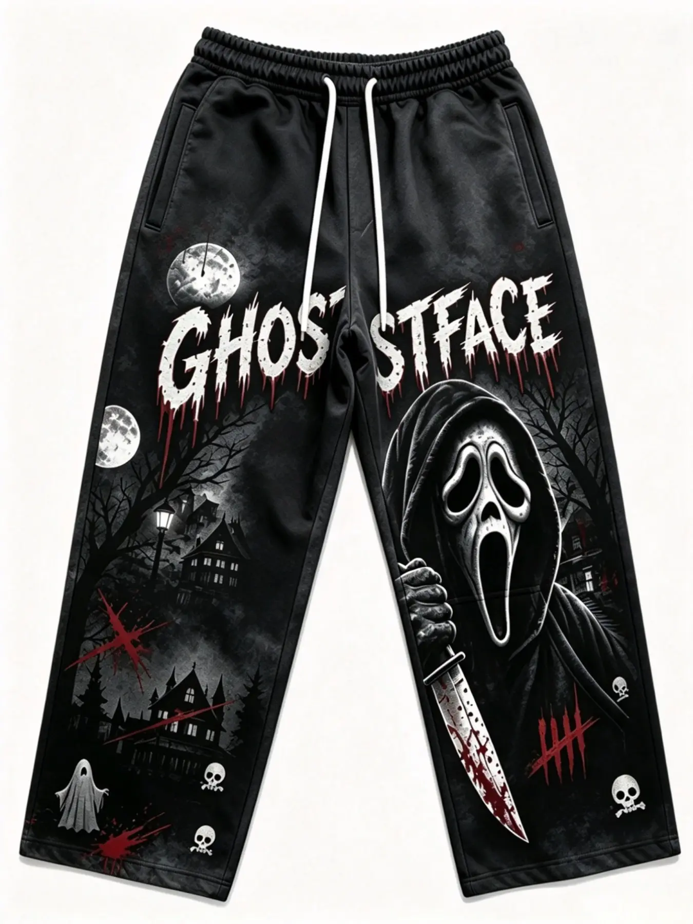 Scream Ghostface Horror Print Sweatpants, Halloween Costume, Drawstring Waist, Long Regular Fit, Street Style, All Seasons