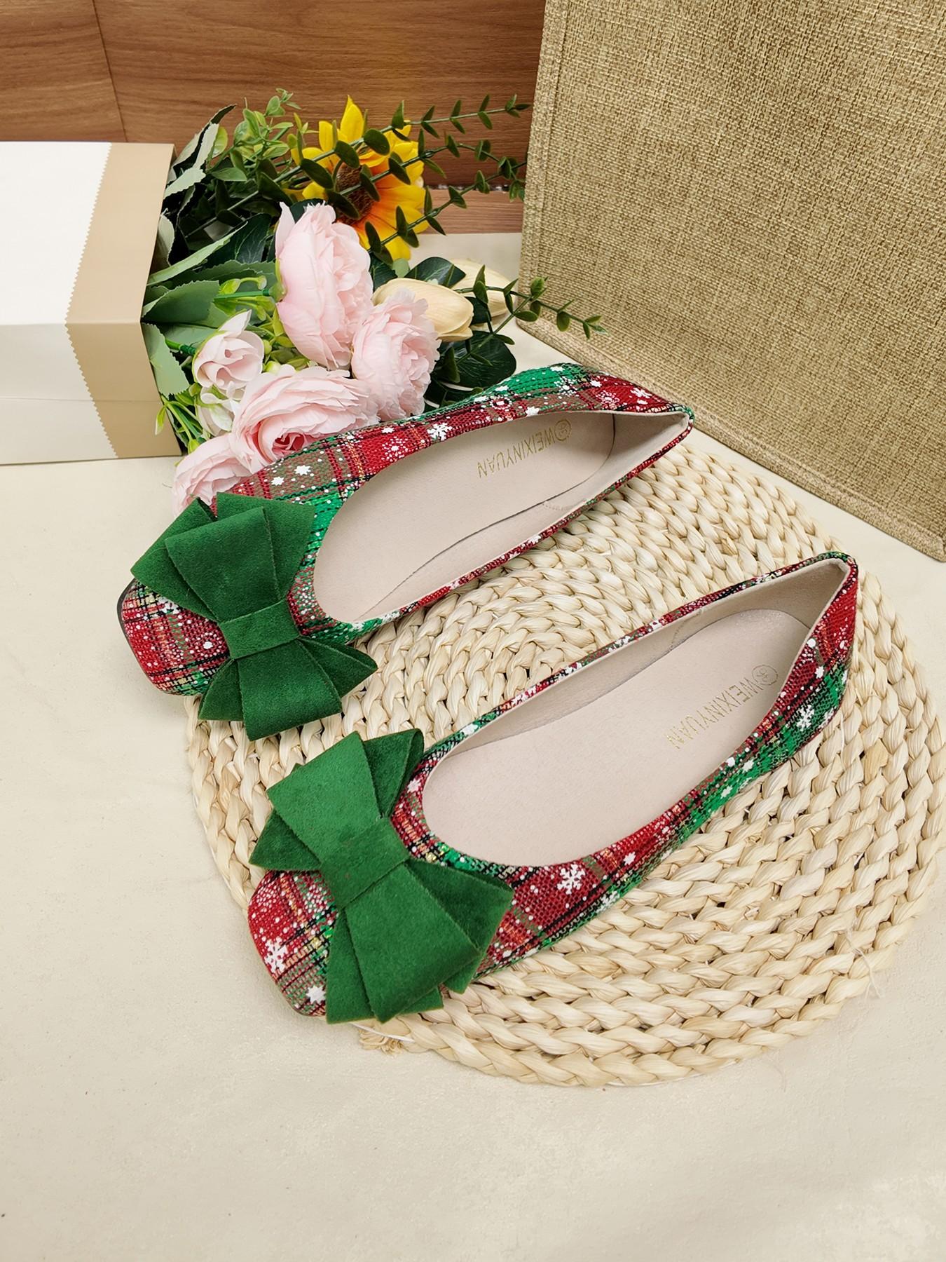 Christmas Limited Edition Plaid Bow Flat Shoes, Soft Sole Anti-Slip Versatile, Holiday Atmosphere, Daily Commute Women's Shoes