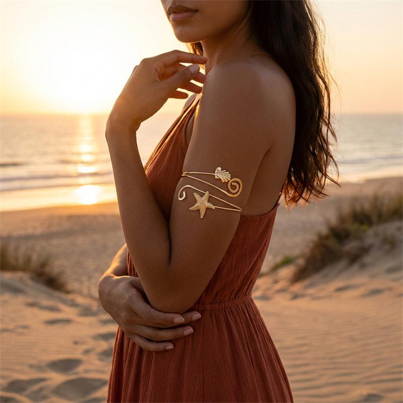 Elegant Starfish and Seashell Open Bangle Bracelet for Women Adjustable Metal Arm Cuff Jewelry Trendy Ocean Inspired Fashion Accessory Summer Beach Style