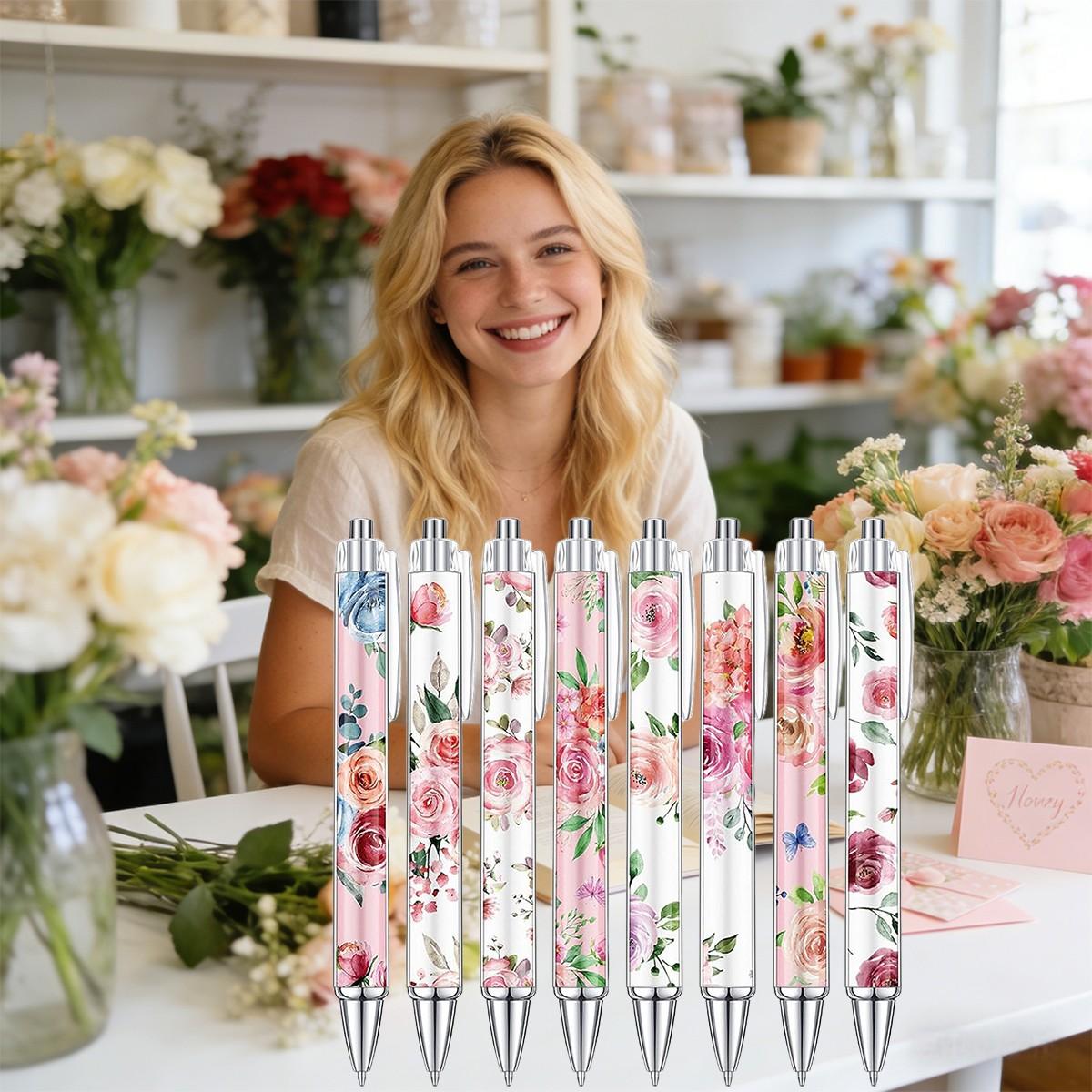 8/16/24 Pieces Flower Ballpoint Pens Bulk, Spring Floral Pens, Colorful Floral Retractable Black Ink for Women, Spring Flower Writing Journaling Gifts Office Supplies